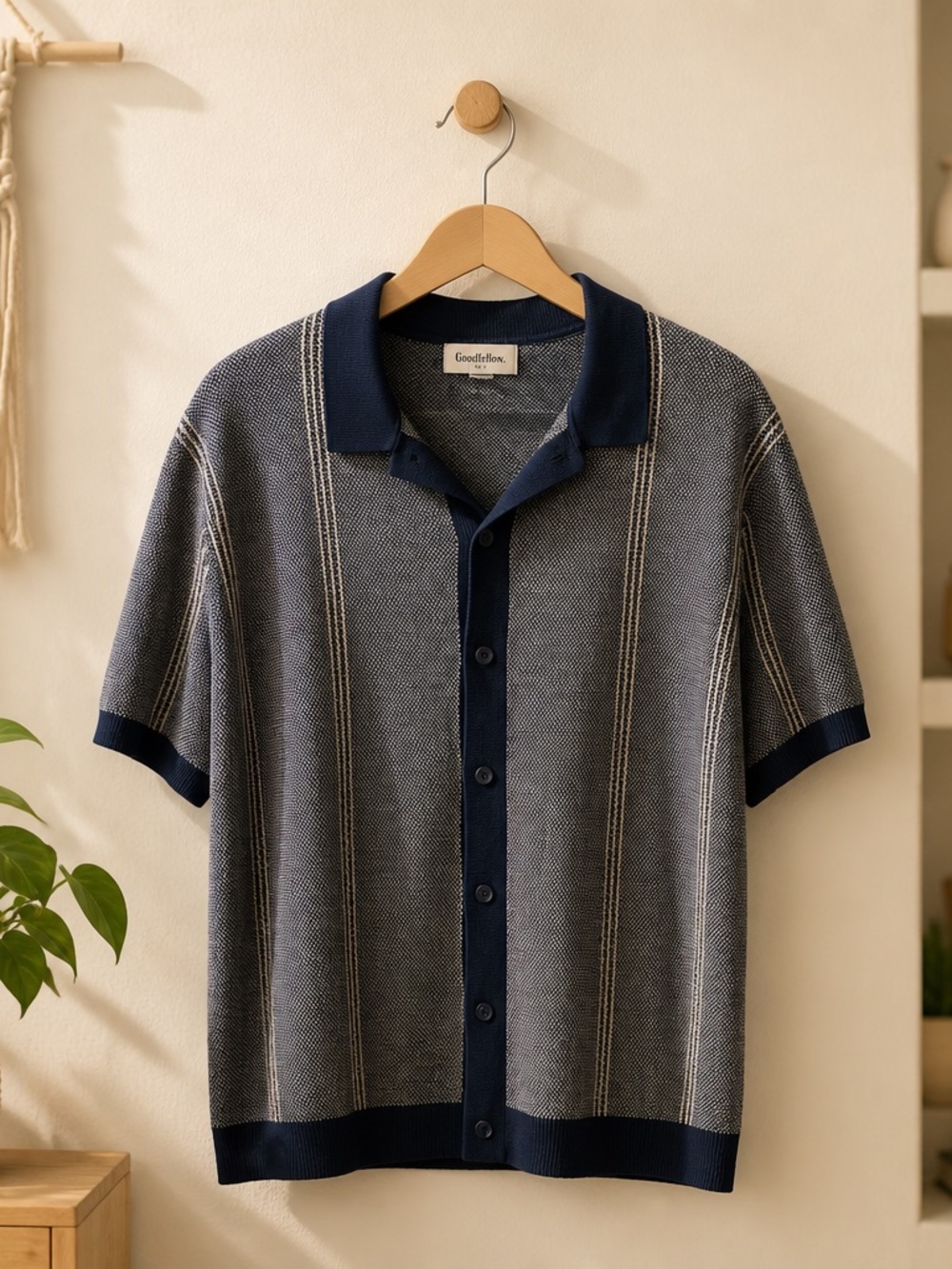 Goodfellow & Co Navy and Gray Vertical-Stripe Knit Polo Shirt